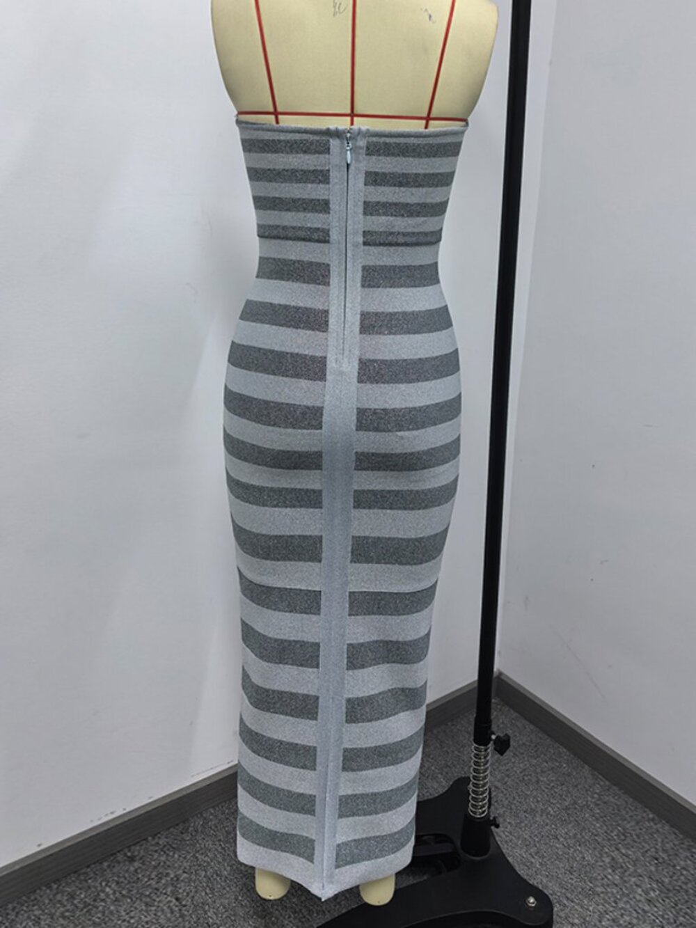 Silver Grey Metallic Striped Strapless Bandage Maxi Dress Bodycon - Picture 6 of 6